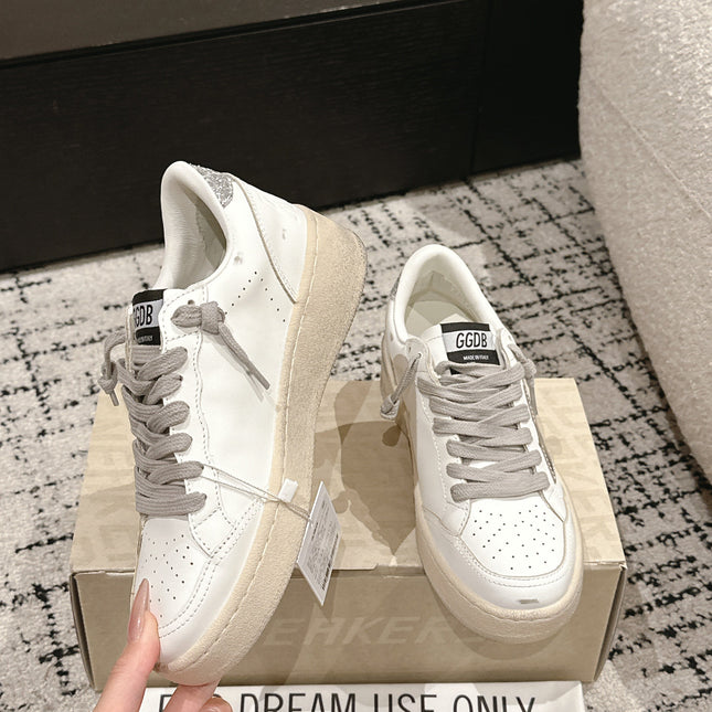 BALL STAR 2 SNEAKERS IN WHITE CALFSKIN SILVER STAR AND GLITTER HEEL TAB