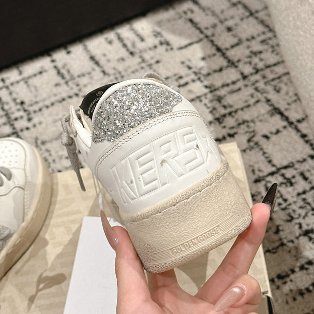 BALL STAR 2 SNEAKERS IN WHITE CALFSKIN SILVER STAR AND GLITTER HEEL TAB