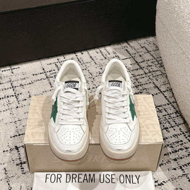 BALL STAR 2 SNEAKERS IN WHITE CALFSKIN GREEN STAR AND SILVER HEEL TAB