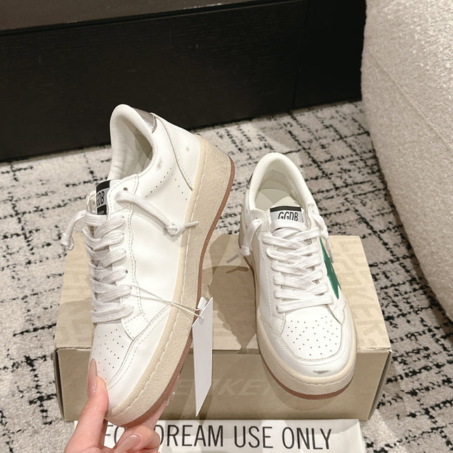 BALL STAR 2 SNEAKERS IN WHITE CALFSKIN GREEN STAR AND SILVER HEEL TAB