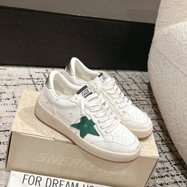 BALL STAR 2 SNEAKERS IN WHITE CALFSKIN GREEN STAR AND SILVER HEEL TAB