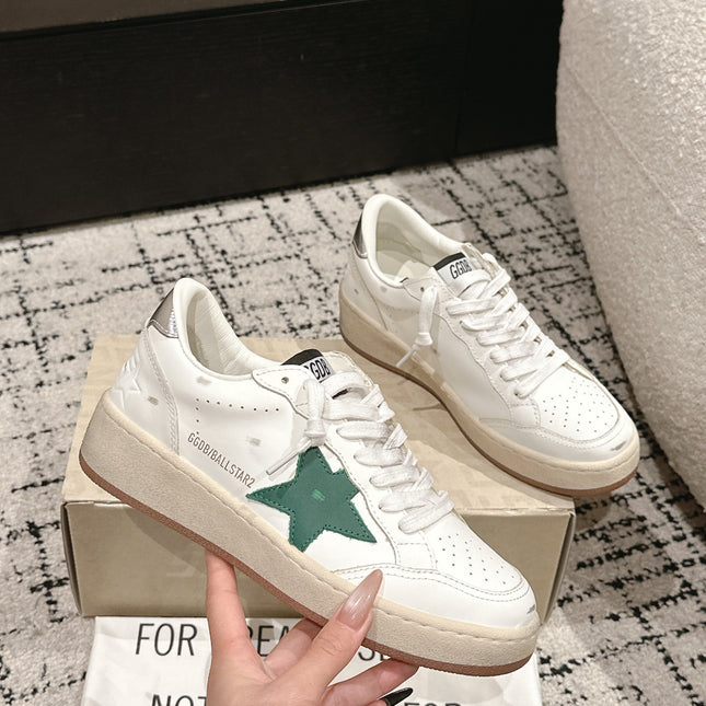 BALL STAR 2 SNEAKERS IN WHITE CALFSKIN GREEN STAR AND SILVER HEEL TAB