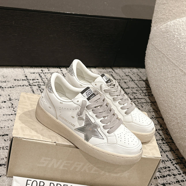 BALL STAR 2 SNEAKERS IN WHITE CALFSKIN SILVER STAR AND GLITTER HEEL TAB