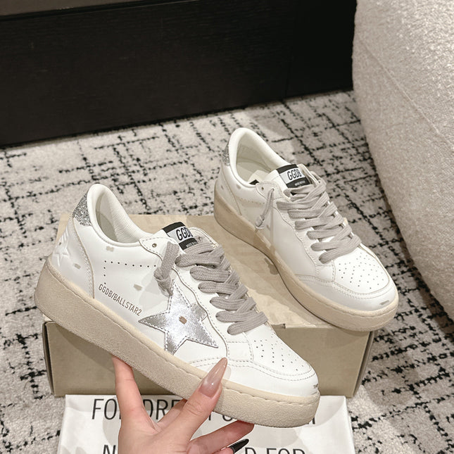 BALL STAR 2 SNEAKERS IN WHITE CALFSKIN SILVER STAR AND GLITTER HEEL TAB