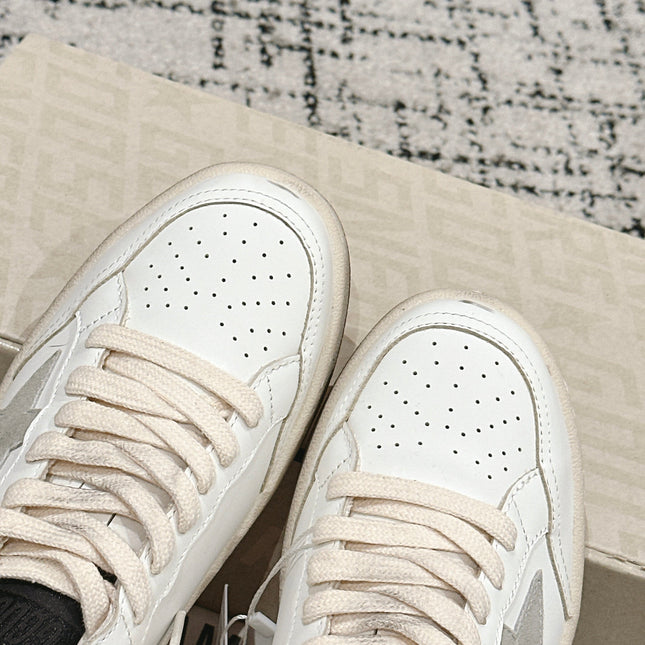 BALL STAR 2 SNEAKERS IN WHITE CALFSKIN GREY SUEDE STAR AND BLACK HEEL TAB