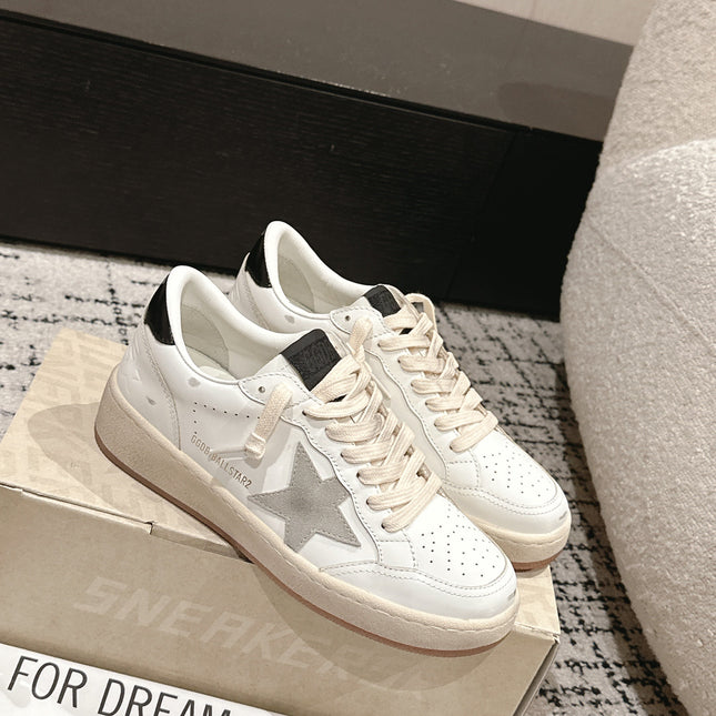 BALL STAR 2 SNEAKERS IN WHITE CALFSKIN GREY SUEDE STAR AND BLACK HEEL TAB