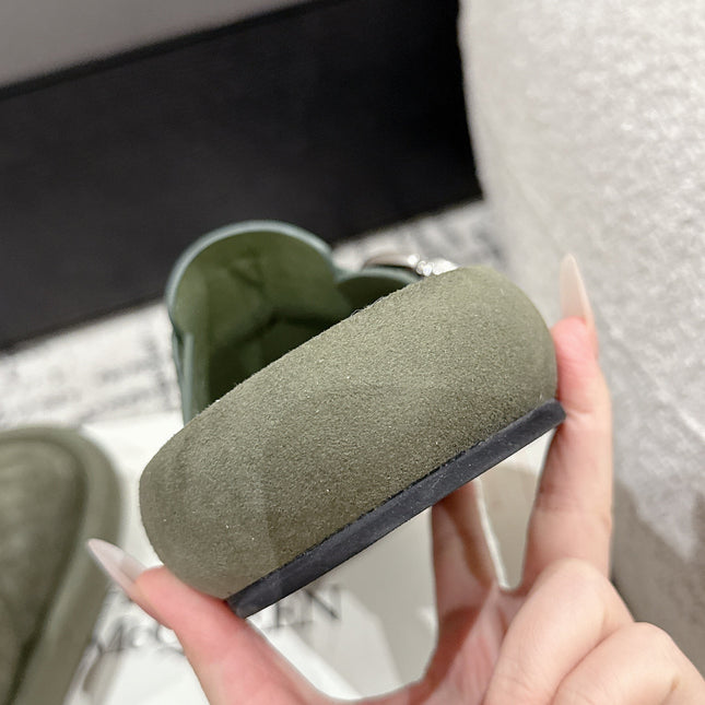 ARC CLOG MULES IN THYME GREEN SUEDE