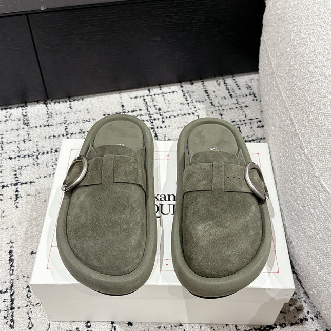 ARC CLOG MULES IN THYME GREEN SUEDE