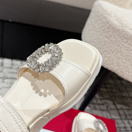 ROGER VIVIER 25S SLIDY VIV' WEDGE SANDALS 70 MM IN IVORY CALFSKIN EMBELLISHED CRYSTALS