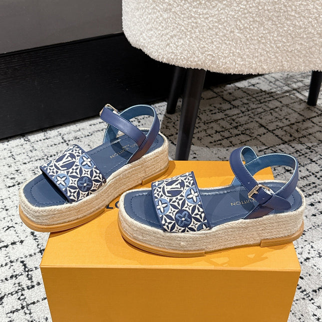 LV PLATFORM ESPADRILLE SANDALS 25S IN DARK BLUE FABRIC