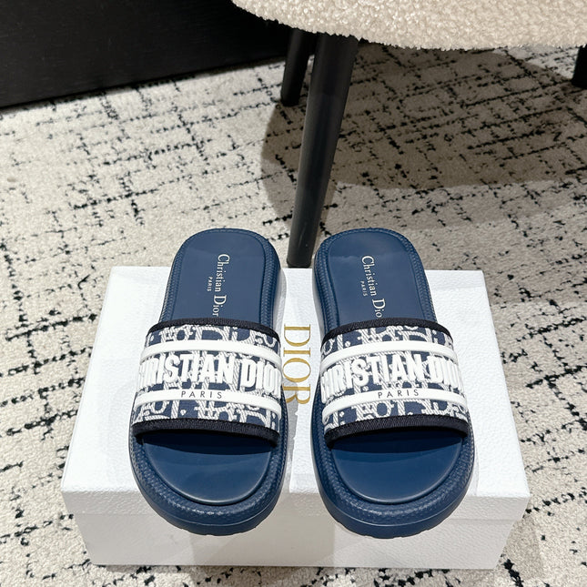DIOR SLIDES 25S IN DUSTY NAVY BLUE LAMBSKIN AND FABIRC WITH BRAND LOGO STYLE 2