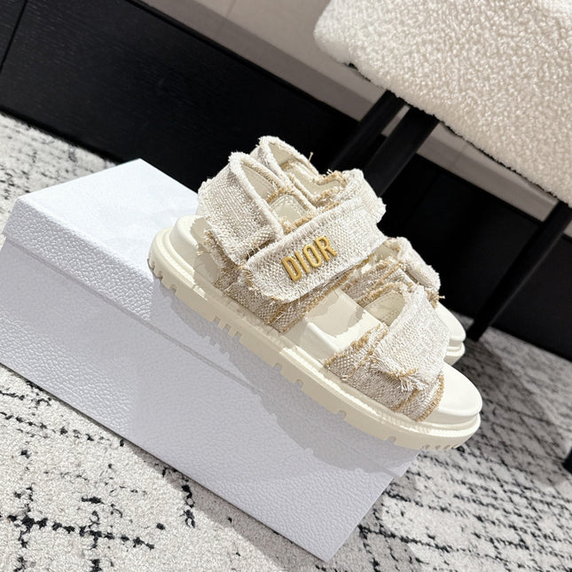 DIOR BACK-STRAP SANDALS 25S IN CREAM WHITE TWEED AND CALFSKIN WITH GOLD HARDWARE