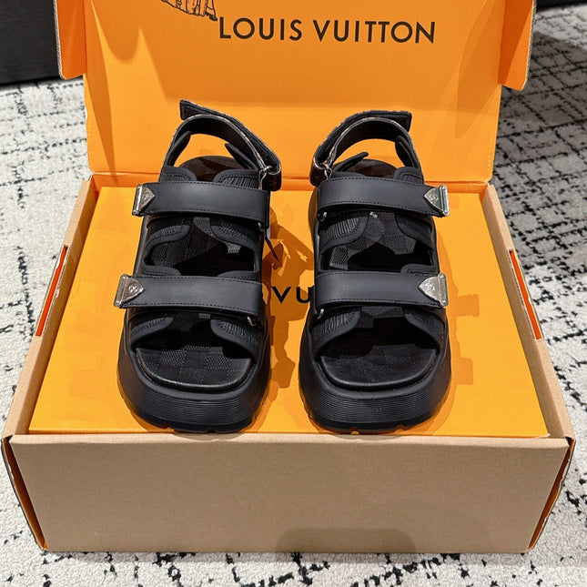 LV WEDGE SANDALS 25S 55 MM IN BLACK CALFSKIN