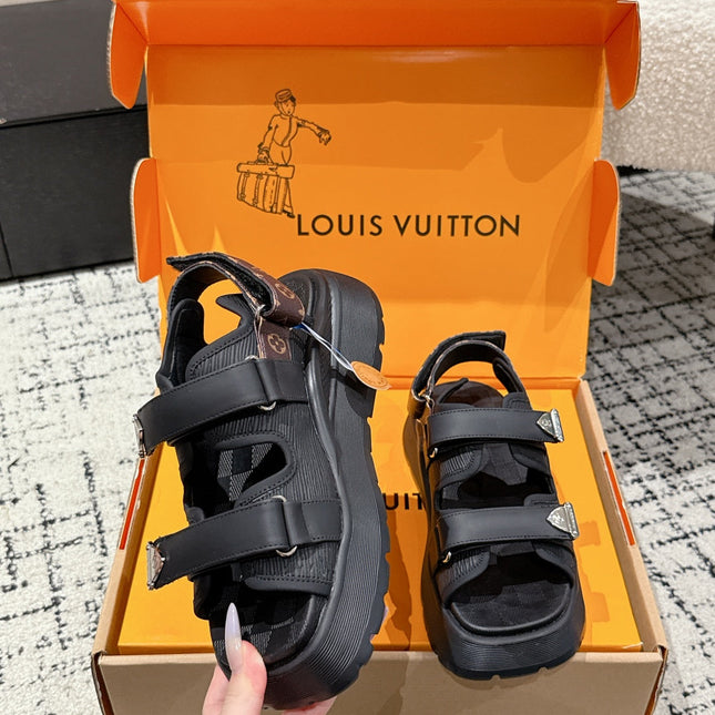 LV WEDGE SANDALS 25S 55 MM IN BLACK CALFSKIN