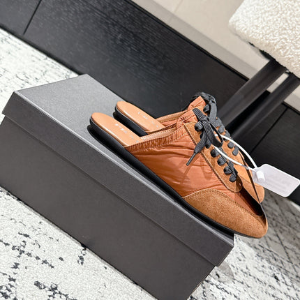 PRADA 25S DEXUN MULE IN BURNT ORANGE SUEDE LEATHER