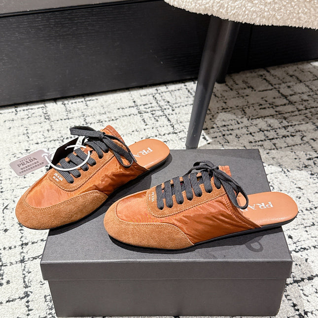 PRADA 25S DEXUN MULE IN BURNT ORANGE SUEDE LEATHER