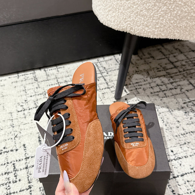 PRADA 25S DEXUN MULE IN BURNT ORANGE SUEDE LEATHER