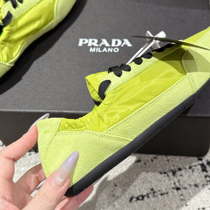 PRADA 25S COLLAPSE SNEAKERS IN LIME GREEN RE NYLON AND SUEDE