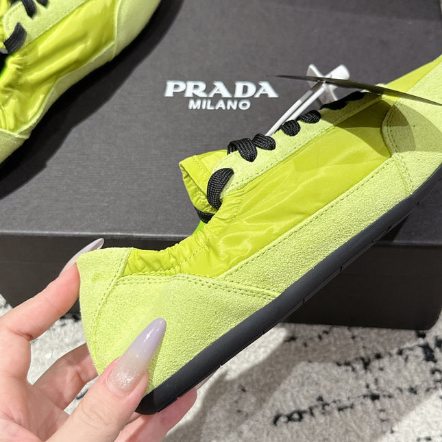 PRADA 25S COLLAPSE SNEAKERS IN LIME GREEN RE NYLON AND SUEDE