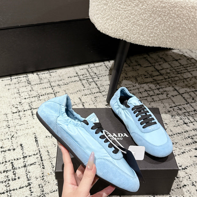 PRADA 25S COLLAPSE SNEAKERS IN LIGHT BLUE RE NYLON AND SUEDE