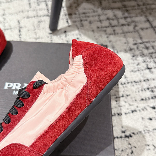 PRADA 25S COLLAPSE SNEAKERS IN RED RE NYLON AND SUEDE