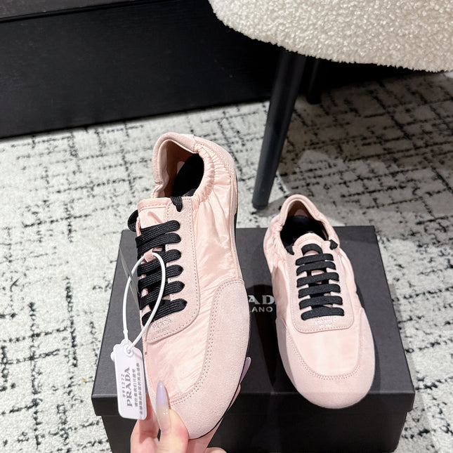 PRADA 25S COLLAPSE SNEAKERS IN LIGHT PINK RE NYLON AND SUEDE