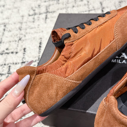 PRADA 25S COLLAPSE SNEAKERS IN BURNT ORANGE RE NYLON AND SUEDE