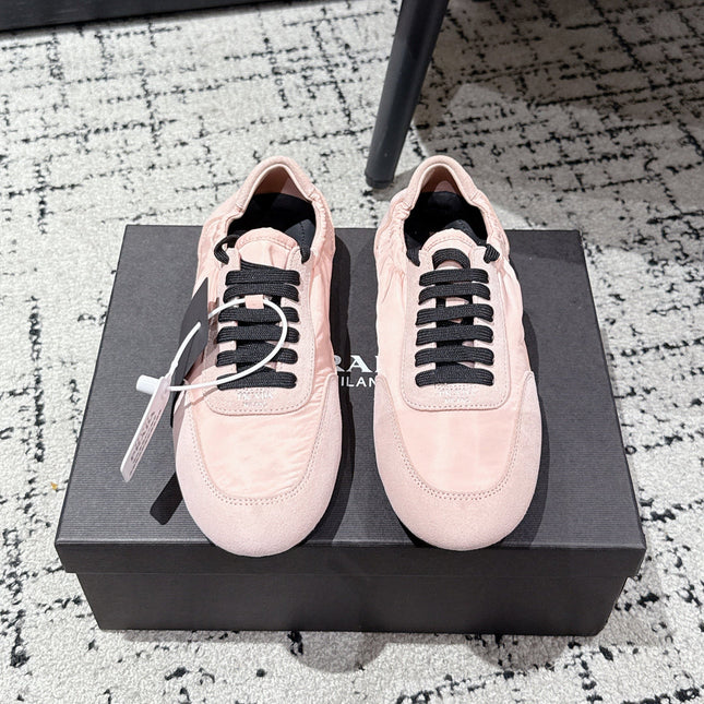 PRADA 25S COLLAPSE SNEAKERS IN LIGHT PINK RE NYLON AND SUEDE