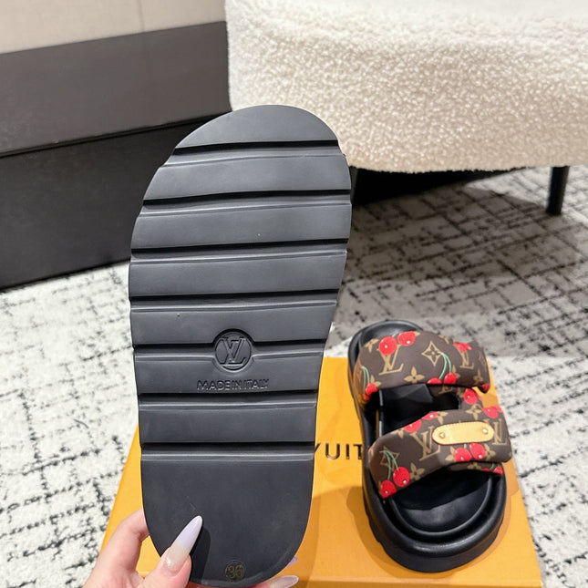 LV TWO-STRAP SLIDES 25S IN BROWN FABRIC AND BLACK CALFSKIN