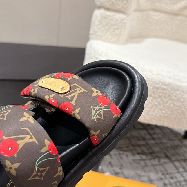 LV TWO-STRAP SLIDES 25S IN BROWN FABRIC AND BLACK CALFSKIN