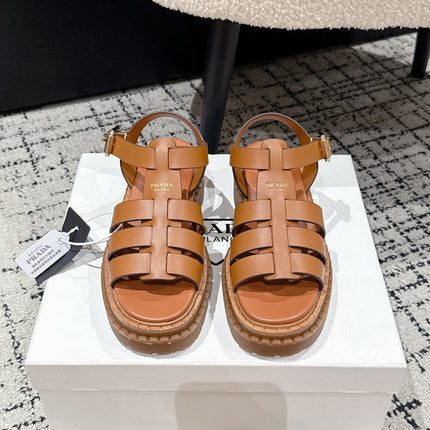 PRADA 25S FISHERMAN OPEN TOE SANDALS IN BURNT ORANGE CALFSKIN