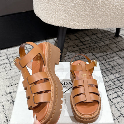 PRADA 25S FISHERMAN OPEN TOE SANDALS IN BURNT ORANGE CALFSKIN