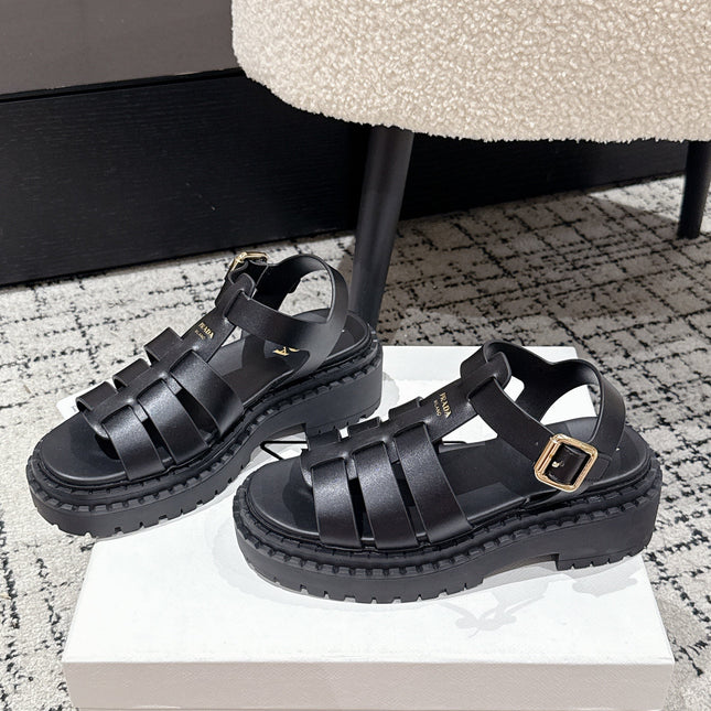 PRADA 25S FISHERMAN OPEN TOE SANDALS IN BLACK CALFSKIN