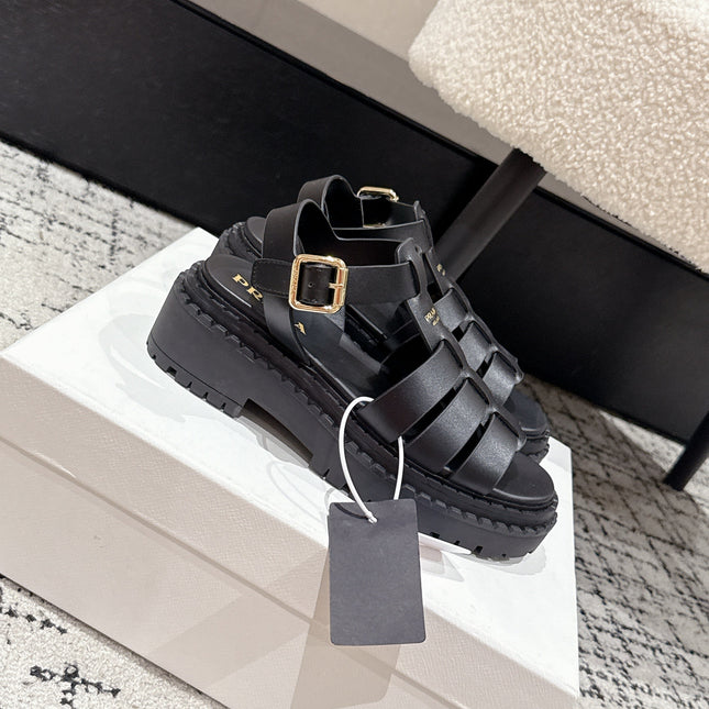 PRADA 25S FISHERMAN OPEN TOE SANDALS IN BLACK CALFSKIN