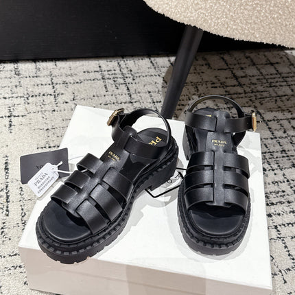 PRADA 25S FISHERMAN OPEN TOE SANDALS IN BLACK CALFSKIN