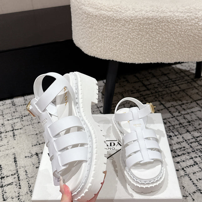 PRADA 25S FISHERMAN OPEN TOE SANDALS IN WHITE CALFSKIN