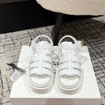 PRADA 25S FISHERMAN OPEN TOE SANDALS IN WHITE CALFSKIN