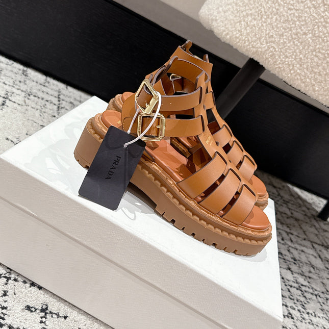 PRADA 25S HIGH TOP OPEN TOE FISHERMAN SANDALS IN BURNT ORANGE CALFSKIN