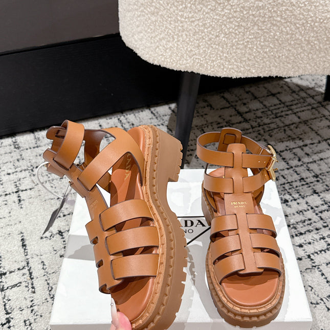 PRADA 25S HIGH TOP OPEN TOE FISHERMAN SANDALS IN BURNT ORANGE CALFSKIN