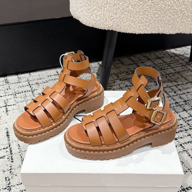 PRADA 25S HIGH TOP OPEN TOE FISHERMAN SANDALS IN BURNT ORANGE CALFSKIN