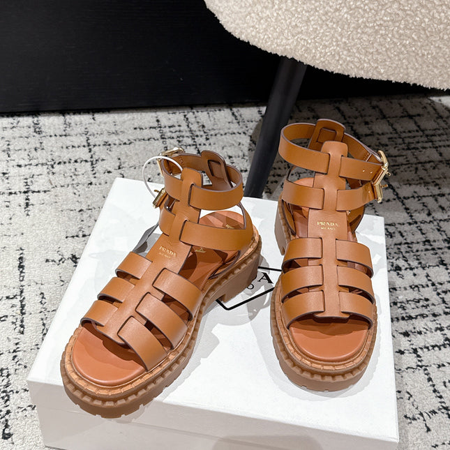 PRADA 25S HIGH TOP OPEN TOE FISHERMAN SANDALS IN BURNT ORANGE CALFSKIN