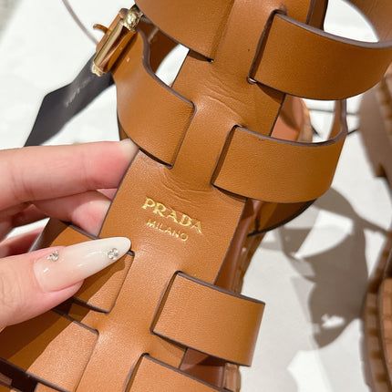 PRADA 25S HIGH TOP OPEN TOE FISHERMAN SANDALS IN BURNT ORANGE CALFSKIN