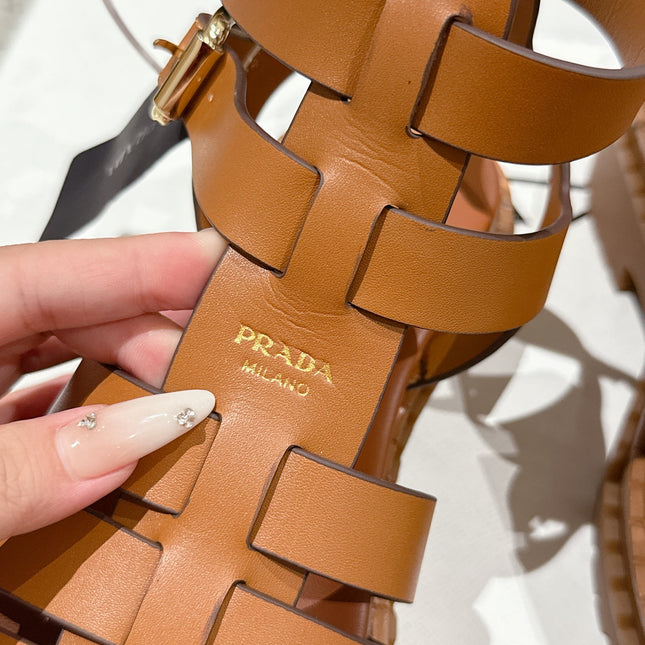 PRADA 25S HIGH TOP OPEN TOE FISHERMAN SANDALS IN BURNT ORANGE CALFSKIN