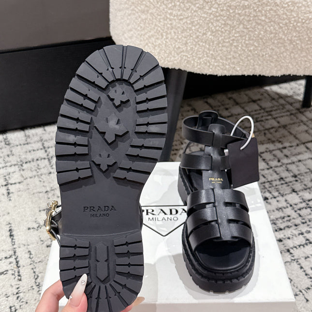 PRADA 25S HIGH TOP OPEN TOE FISHERMAN SANDALS IN BLACK CALFSKIN