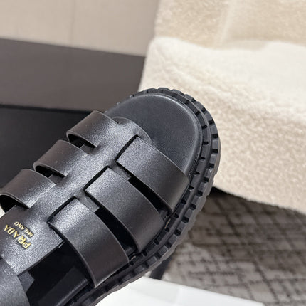 PRADA 25S HIGH TOP OPEN TOE FISHERMAN SANDALS IN BLACK CALFSKIN