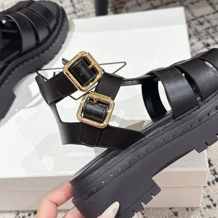 PRADA 25S HIGH TOP OPEN TOE FISHERMAN SANDALS IN BLACK CALFSKIN