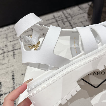 PRADA 25S HIGH TOP OPEN TOE FISHERMAN SANDALS IN WHITE CALFSKIN