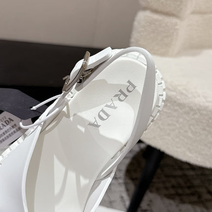 PRADA 25S CRISSCROSS SANDALS IN WHITE CALFSKIN LOGO
