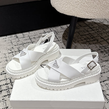 PRADA 25S CRISSCROSS SANDALS IN WHITE CALFSKIN LOGO