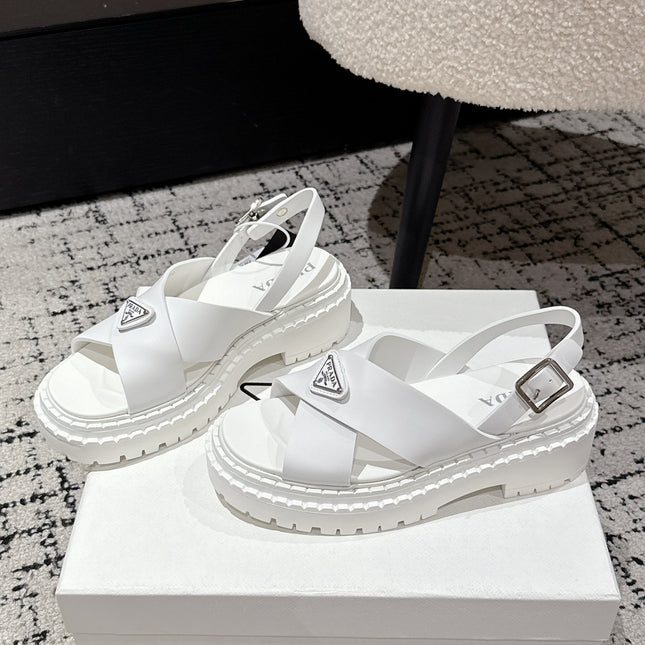PRADA 25S CRISSCROSS SANDALS IN WHITE CALFSKIN LOGO